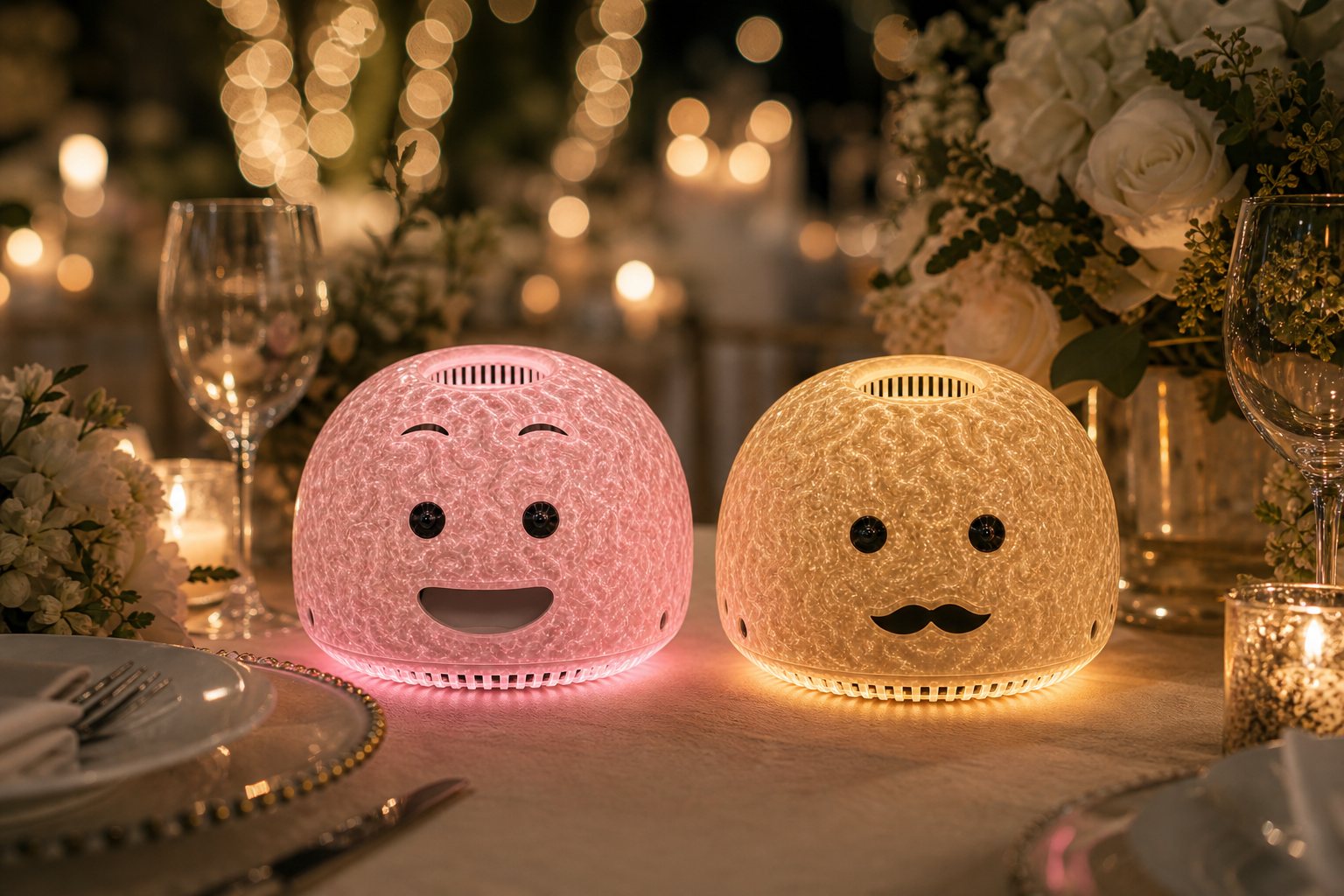 Two theBRAIN units with custom faces on a wedding reception table